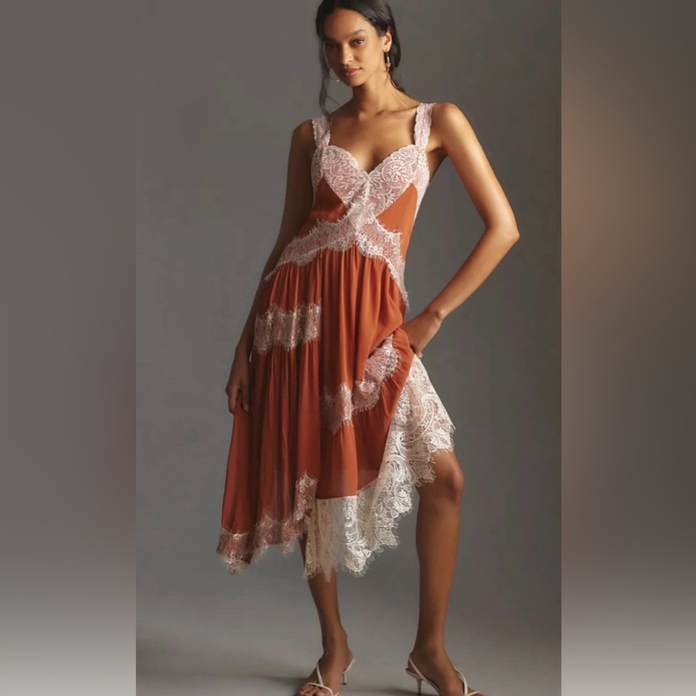 Anthropologie Sleeveless Asymmetrical Lace Midi Dress   Boho Rust